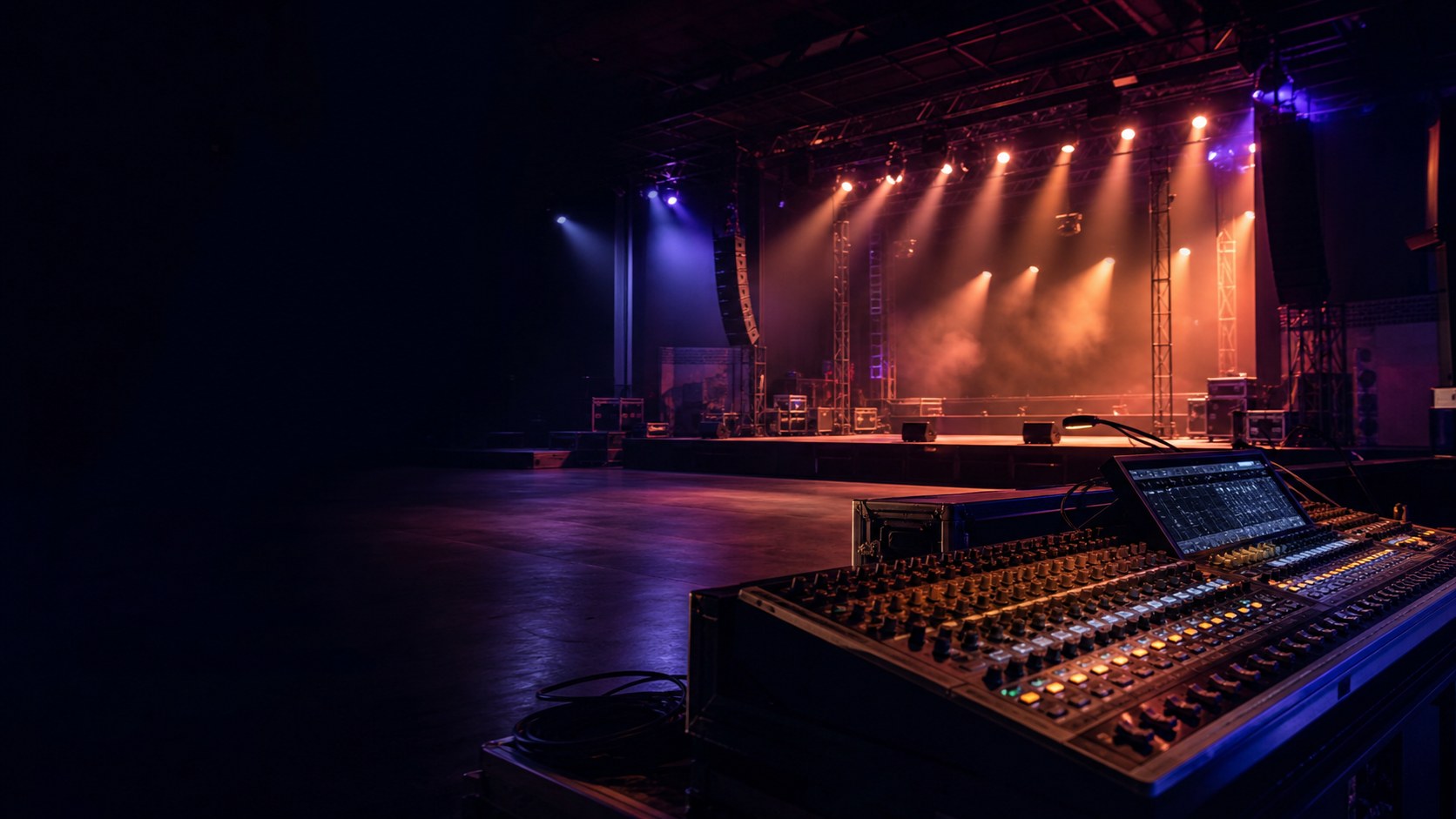 An empty concert venue during setup with a mixing console and focused stage lighting